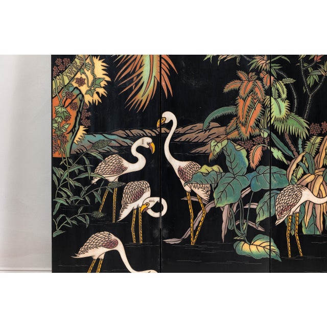 Vintage 4-Panel Screen with Curved Design and Raised Bird Decor For Sale - Image 11 of 12