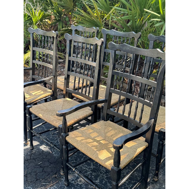 Set of 6 Vintage Black Painted Spindle-Back & Ladder-Back Rush Seat Dining Chairs For Sale - Image 9 of 12