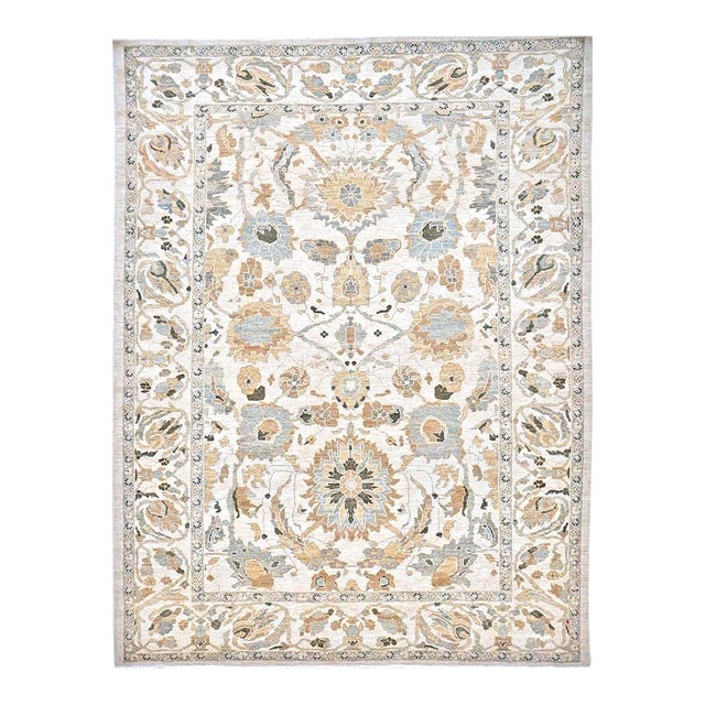 21st Century Persian Sultanabad Wool 9x12 Ivory, Taupe, Grey & Blue Handmade Area Rug #1141076 For Sale