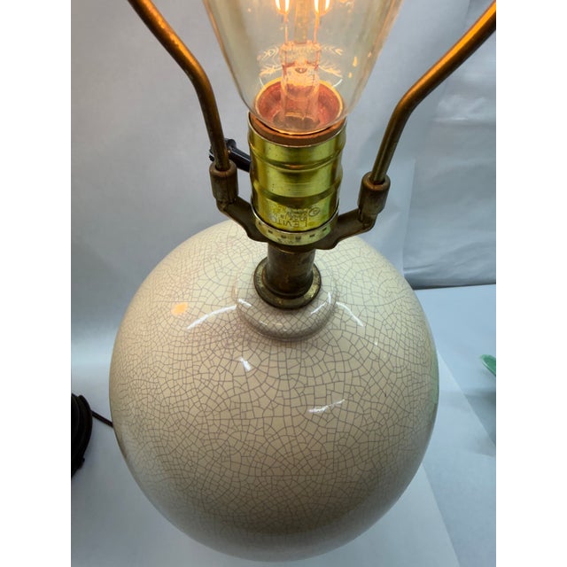 1960s Mid 20th Century Asian Cream Crackle Glaze Ovoid Ceramic Table Lamps - A Pair For Sale - Image 5 of 9