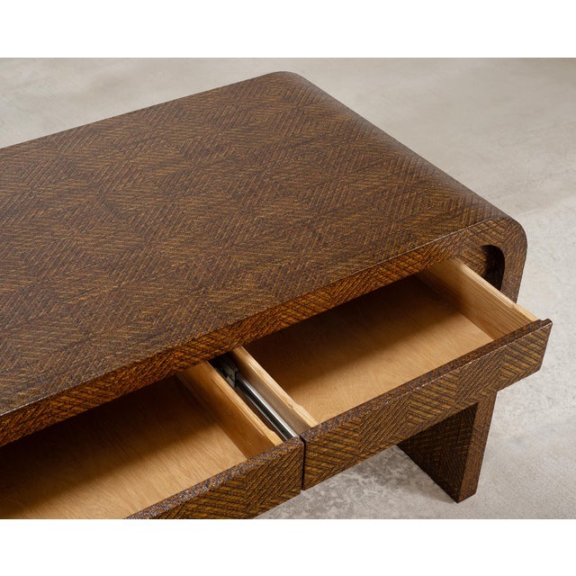 Wood Karl Springer-Style Organic Modern Grasscloth Waterfall Desk For Sale - Image 7 of 18