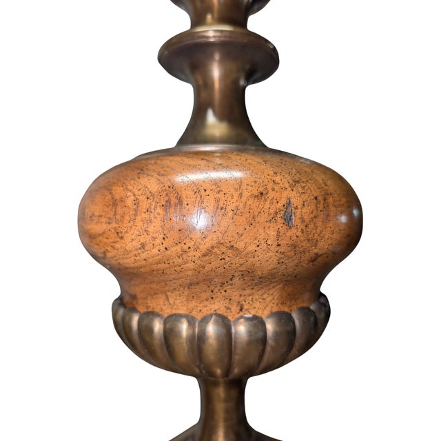 Vintage Brass & Wood Table Lamp, Urn Body, Shell Motif Base, No Shade For Sale - Image 4 of 11