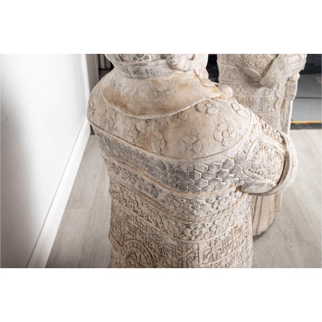 White Vintage Carved Stone Chinese Military Officers Statues—A Pair For Sale - Image 8 of 16