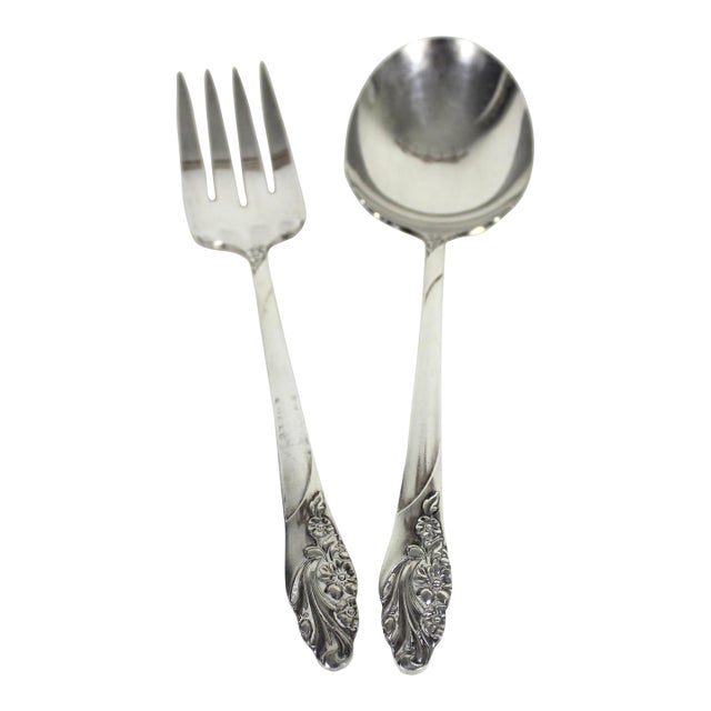 1950s Mid-Century Modern Set of Silverplate Serving Utensils Evening Star by Oneida Casserole Spoon Fork Two 2 For Sale