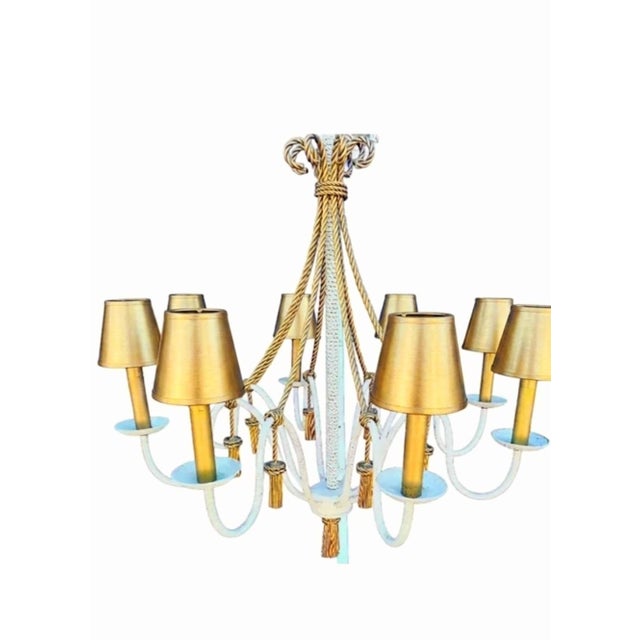 Vintage Dorothy Draper Style 8 Light Hollywood Regency Braided Gold Cream Tassel Chandelier For Sale - Image 10 of 11