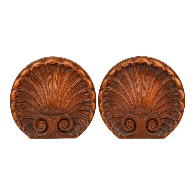 Pair of Early 20th Century Danish Carved Oak Scallop Shell Ornaments For Sale