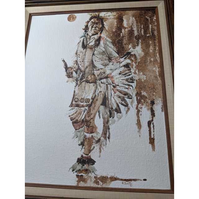 Mid 20th Century R. Scott Signed Mixed Media Native American Figure Drawing, Watercolor Ink on Paper, Framed Fine Art For Sale - Image 10 of 15