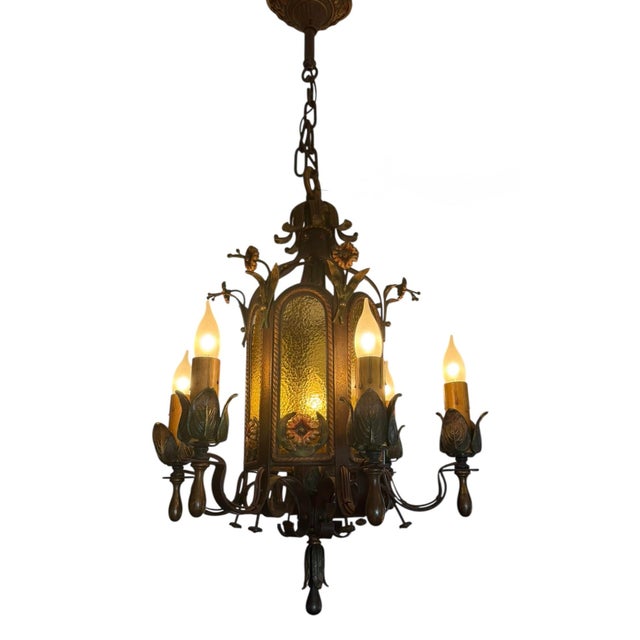 Early 1900’s Original Polychrome Painted Chandelier With Flowers and Amber Glass For Sale - Image 12 of 14