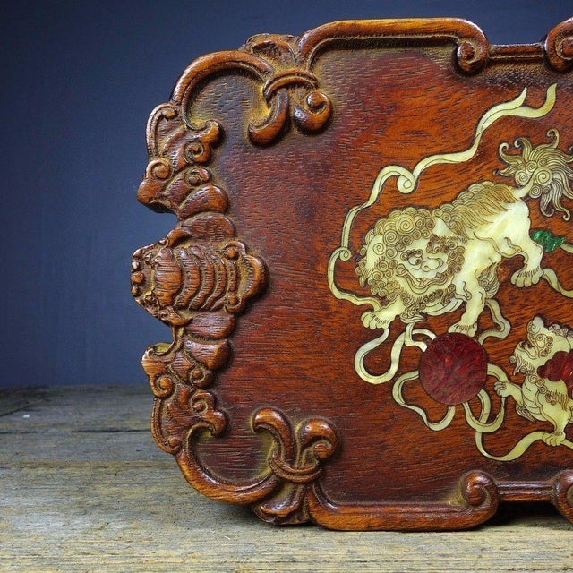 1990s Vintage Rosewood Tea Tray With Mother-of-Pearl Lion Inlay For Sale - Image 5 of 8