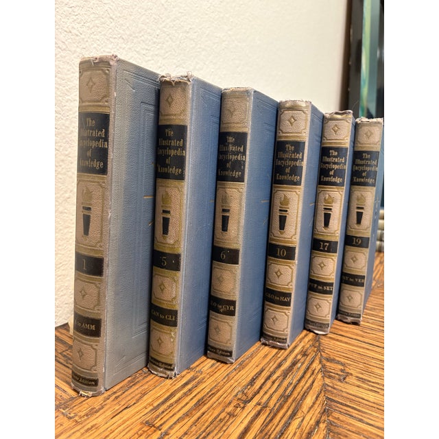 Large Vintage Cream & Blue Encyclopedia Hardcover Stack - Set of 6 - Royal Octavo Format - Modern Minimalist / Japandi Vignette For Sale - Image 9 of 9