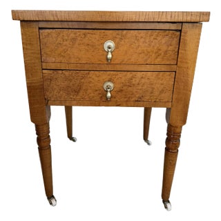 Antique Federal Style Birds Eye & Tiger Maple Square Bedside Table With Two Drawers For Sale