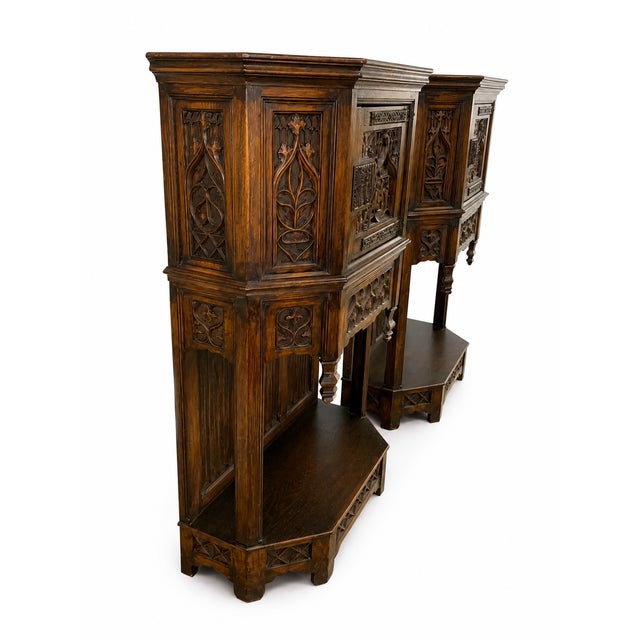 1900 - 1909 Pair of Antique French Gothic Carved Oak Cabinets With Heraldic Crest Iron Hardware - 2 For Sale - Image 5 of 9