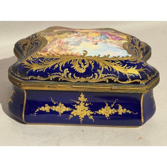 Ceramic 1860s Sevres Rococo Blue Gilt Porcelain Jewelry Box For Sale - Image 7 of 13