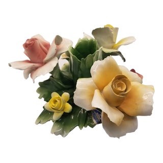 Vintage Capodimonte Yellow Pink Apricot Roses Green Leaf Candlestick Holder Italy For Sale