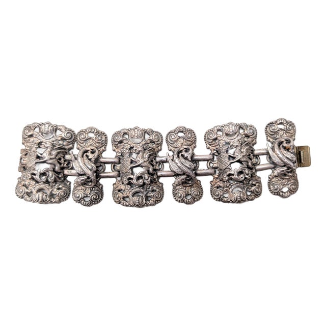 Vintage 1972 Signed Napier Silvertone Coat of Arms Griffin & Sea Serpent Panel Bracelet For Sale