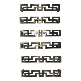Vintage Contemporary Geometric Aged Bronze Greek Key Cabinetry Hardware Pulls, Set of 6 For Sale