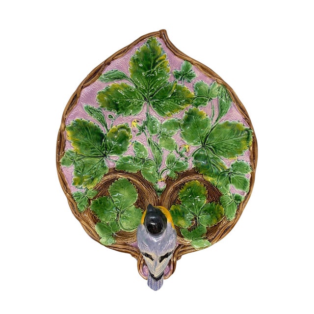 Majolica Holdcroft Majolica Strawberry Server With Bird, Cream and Sugar Wells, Ca. 1875 For Sale - Image 4 of 12