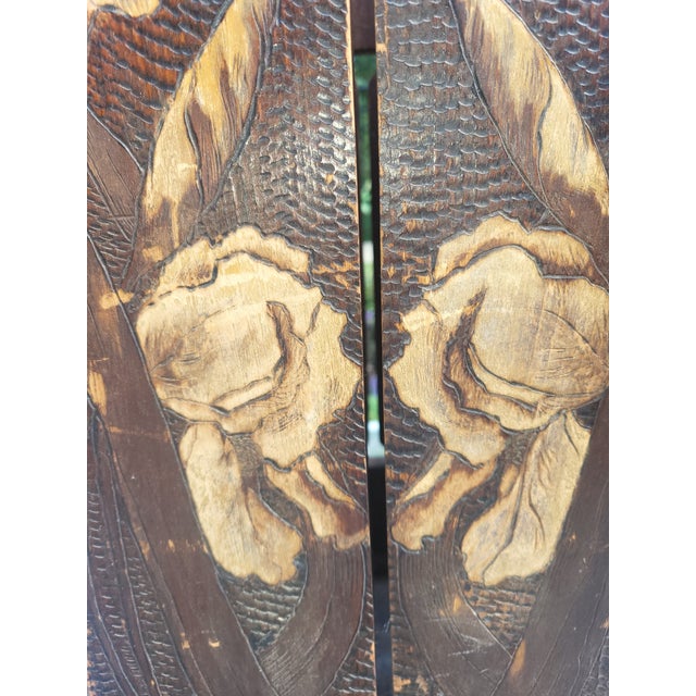 Art Nouveau Antique Arts & Crafts Carved & Pyrographic Iris Umbrella Stand, C. 1910 For Sale - Image 3 of 9