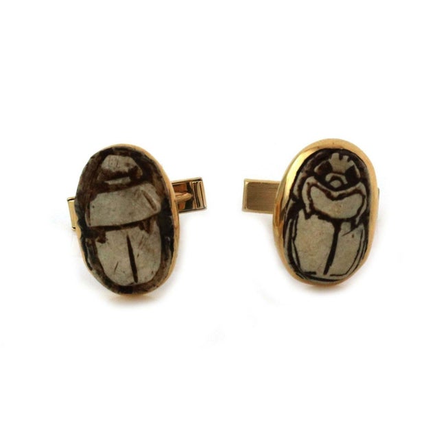 Contemporary Vintage 14k YGold Treated Wood Egyptian Scarab Beetle Cufflinks, 2 pieces For Sale - Image 3 of 6