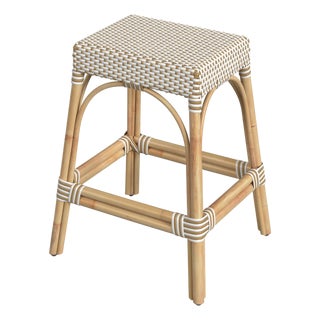 Robias 24.5 in. Seat Height Rectangular Rattan Backless Counter Stool with Footrest, White/Tan Dot / Natural Rattan Frame For Sale