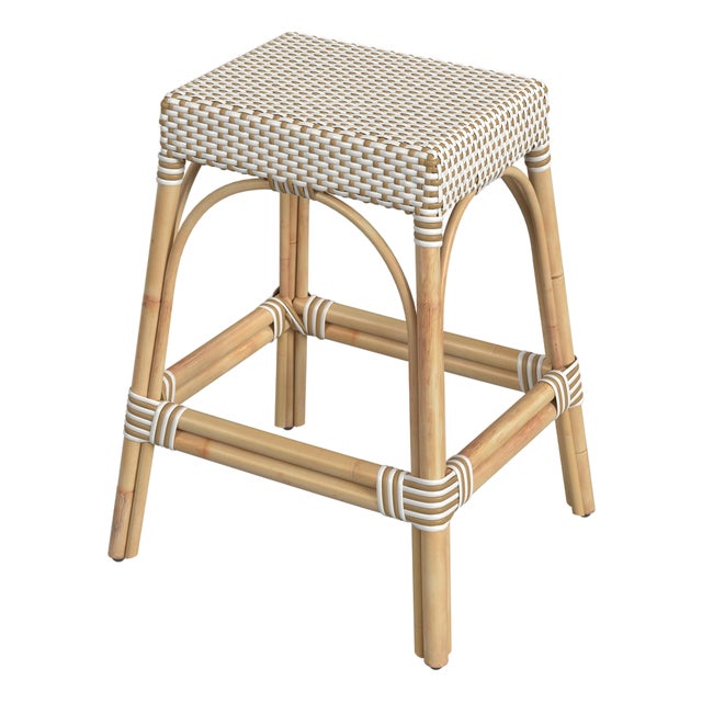 Robias 24.5 in. Seat Height Rectangular Rattan Backless Counter Stool with Footrest, White/Tan Dot / Natural Rattan Frame For Sale