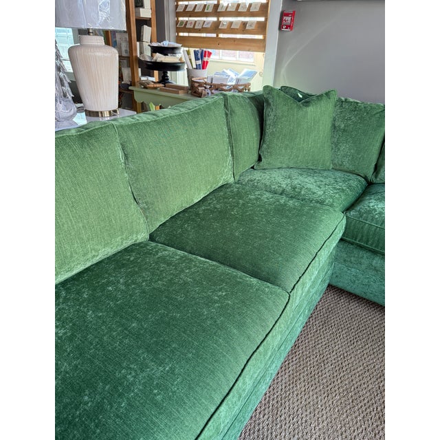 Transitional sectional: Bliss Down Cushions; Jane Churchill Palma Bright Green fabric; Track Arm to the Front Cushion;...