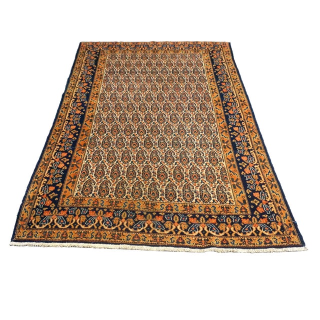 Antique Persian Senneh Wool 4x6 Navy, Gold & Orange Handmade Area Rug #1143202 For Sale - Image 4 of 7