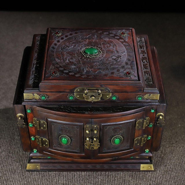 1970s Wood Jewelry Box With Dragon & Phoenix Carving and Gemstone Inlay For Sale - Image 4 of 10