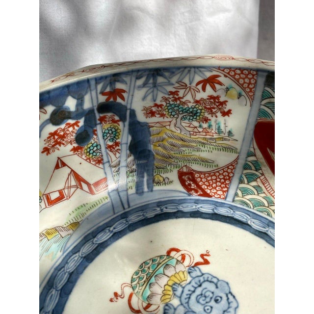 Wood Large 19th Century Japanese Imari Octagonal Bowl With Karashishi & Landscape Panels For Sale - Image 7 of 18
