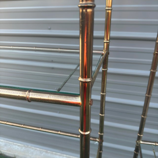 Mid-Century Modern Late 1970s Brass and Glass Faux Bamboo Shelf / Etagere- 2 Available For Sale - Image 3 of 11