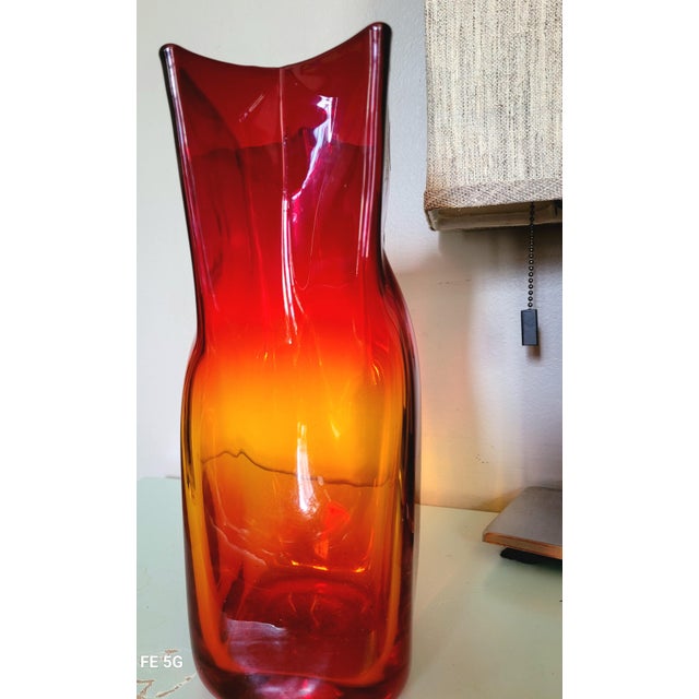 Mid-Century Modern 2004 Signed Blenko Tangerine Medium "Paper Bag" Art Glass Vase - Model 8813m For Sale - Image 3 of 6