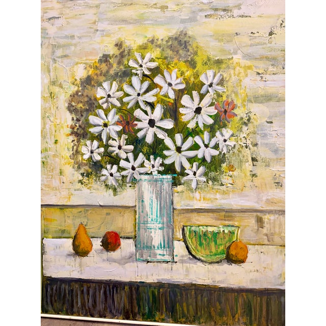 Gorgeous, oversized impressionist bright colors Daisies and fruits motifs oil panting by Lee Reynolds. Midcentury Modern...