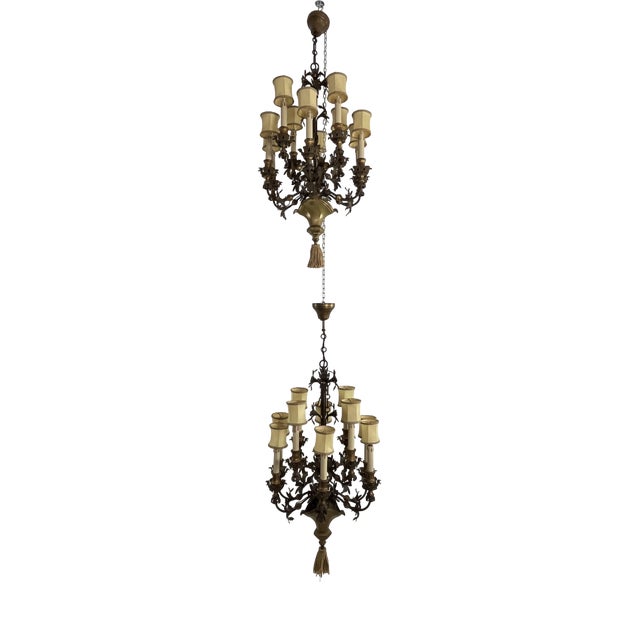 French 10-Light Chandeliers in Wrought Iron and Brass, 1980s, Set of 2 For Sale