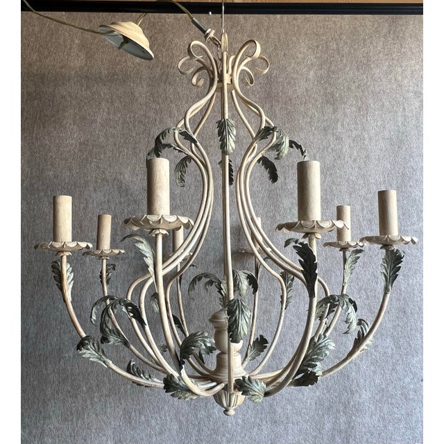 Vintage Late 20th Century Italian Green Acanthus Leaves 8 Light Tole Chandelier For Sale - Image 11 of 12