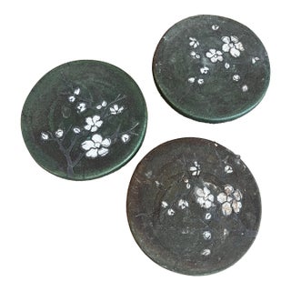 Vintage Collection of Stone Asian Style Coasters With Floral Accents- Set of 3 For Sale