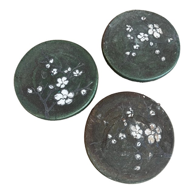 Vintage Collection of Stone Asian Style Coasters With Floral Accents- Set of 3 For Sale
