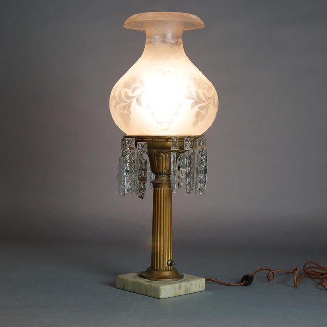 Antique Argand Sinumbra Bronze & Brass Solar Lamp with Opalescent Glass Shade For Sale - Image 6 of 12