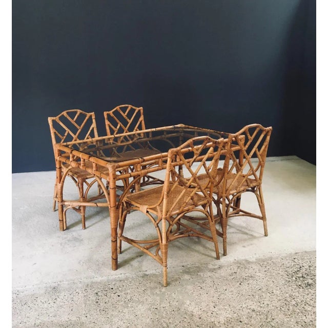 Vintage Midcentury Boho Design Chippendale Style Bamboo & Glass Dining Table. Made in Italy, 1960's period. Bamboo...