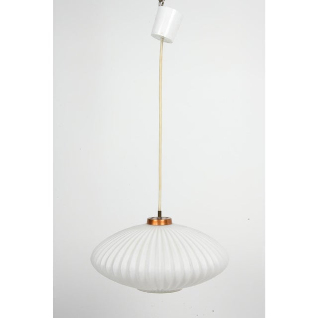 Mid-Century Modern 1970s Louis Kalff for Philips Ribbed Glass & Copper Pendant For Sale - Image 3 of 7