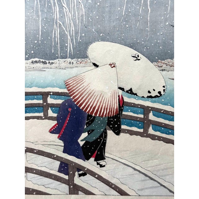 Japanese Woodblock Print Snow on Willow Bridge by Ohara Shoson For Sale - Image 13 of 18