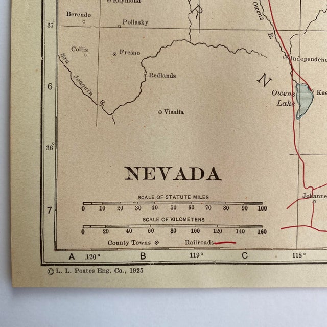 1925 map of Nevada measuring 9” x 11” There is discoloration to paper consistent with age. Some wear to edges and fold...