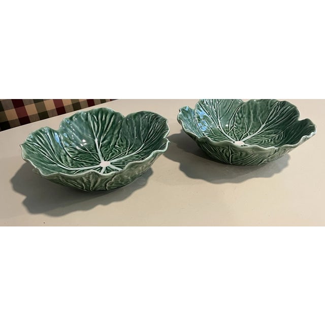 Mid-Century Modern Vintage Bordallo Pinheiro Green Cabbage Majolica Leaf Ceramic Bowls-Set of 2 For Sale - Image 3 of 4