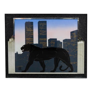 Mixed Media Panther Cityscape (1993) Sign Laurel Twins Towers For Sale