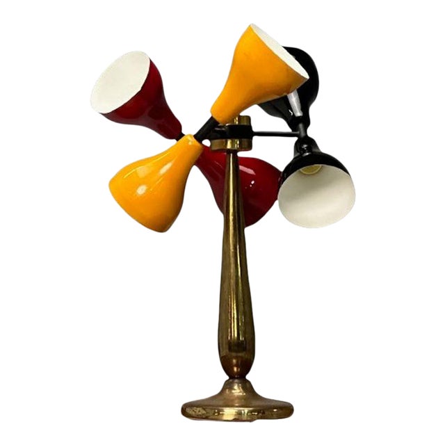 Italian Mid-Century Modern, Table Lamp, Enameled Shades, Patinated Brass, 1960s For Sale