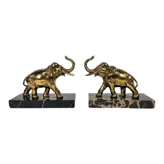 Pair of 1920s French Art Deco Marble Elephant Bookends For Sale