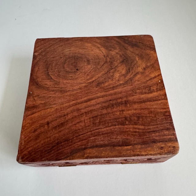 Brown Hand Carved Teak Box Floral Motif Hinged Lid For Sale - Image 8 of 10