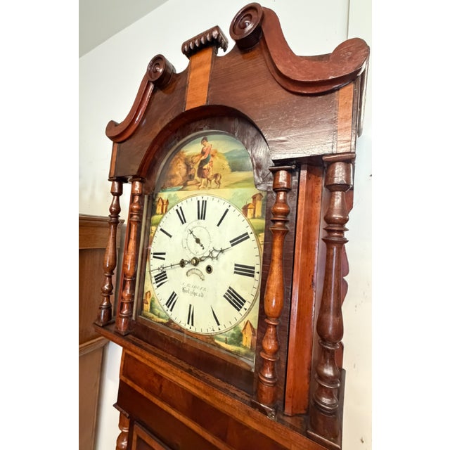 English 19th Century English Mahogany Inlaid Wide-Body Tall Case Clock With Hand-Painted Dial, Circa 1860–1870 For Sale - Image 3 of 17