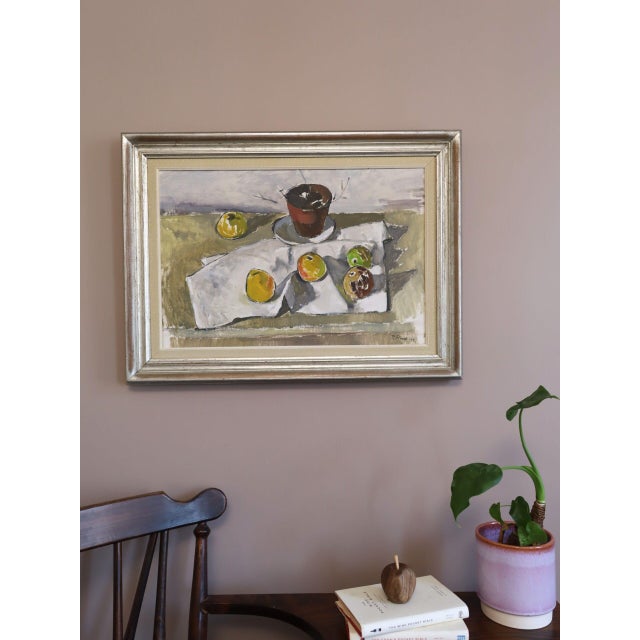 1945 Mid-Century Modern 'Citrus & Pot' Vintage Swedish Expressive Still Life Swedish Oil Painting, Framed For Sale - Image 4 of 13