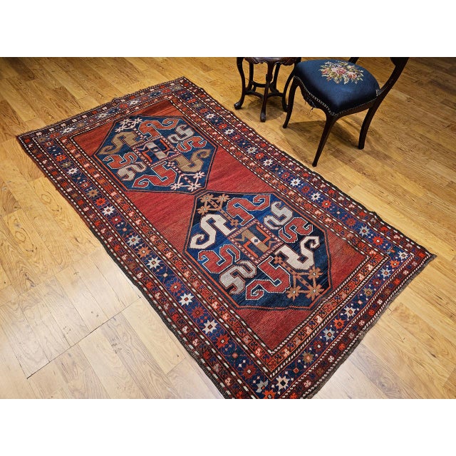 Rustic European Antique Cloudband Kazak Area Rug, Hand-Knotted Wool, Geometric Design, Red & Blue, 5' x 8' For Sale - Image 3 of 15