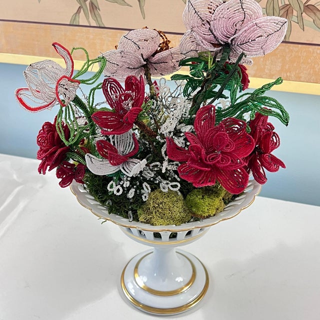 1950s Beautiful Limoges porcelain compote with large French glass seed bead flowers // reticulated compote with gilt accents // Made in France For Sale In Kansas City - Image 6 of 10
